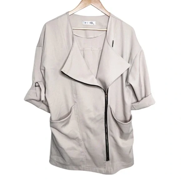 Womens Asymmetrical Zip Jacket Draped Collar Rolled Sleeve Beige Size MM - Picture 3 of 16